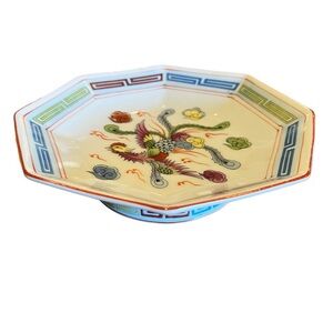 Vintage Chinese Phoenix Octagonal Pottery Footed Bowl